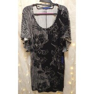 APT 9 XL BLACK DRESS NWT FLORAL STRIPED BELL SLEEVE COMFY STRETCHY SCOOP RELAXED
